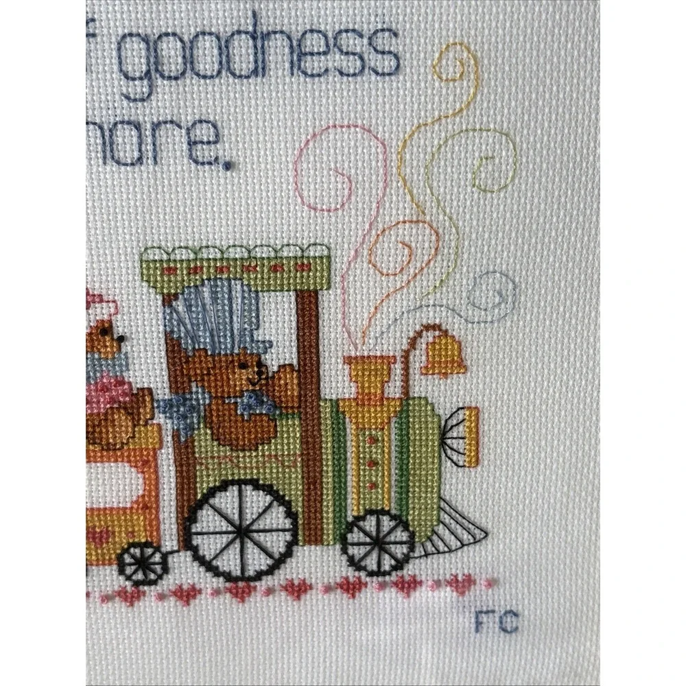 Handmade NeedlePoint Teddy Bear Train Nursery Prayer Wood Framed Wall Art 16x13